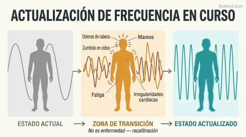 Three-phase transformation showing a human silhouette progressing from low-frequency waves through a symptom transition zone to a high-frequency upgraded state.