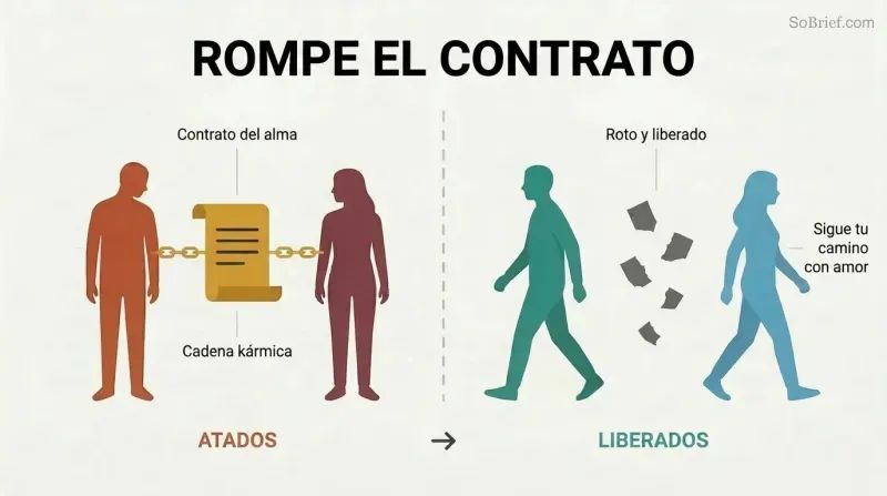 Split panel showing two silhouette figures bound together by a soul contract on the left, and walking freely apart amid torn contract fragments on the right.