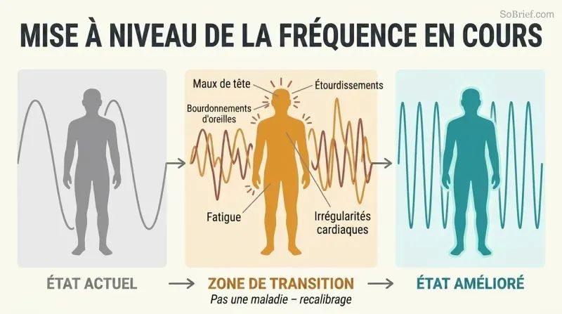 Three-phase transformation showing a human silhouette progressing from low-frequency waves through a symptom transition zone to a high-frequency upgraded state.