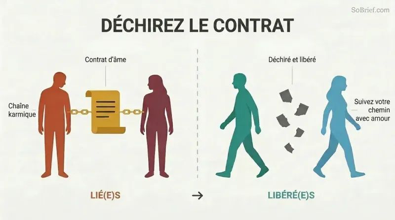 Split panel showing two silhouette figures bound together by a soul contract on the left, and walking freely apart amid torn contract fragments on the right.