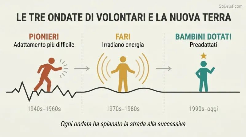 Timeline showing three generational waves of volunteers traversing a path that progresses from rough terrain on the left to smooth ground on the right, each wave clearing the way for the next.