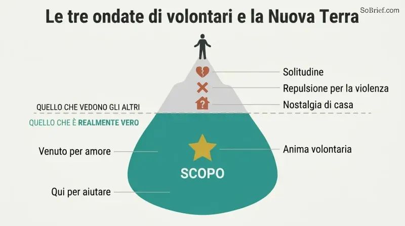 Iceberg diagram showing alienation symptoms visible above a waterline while volunteer soul identity and cosmic purpose are revealed in the larger portion below.