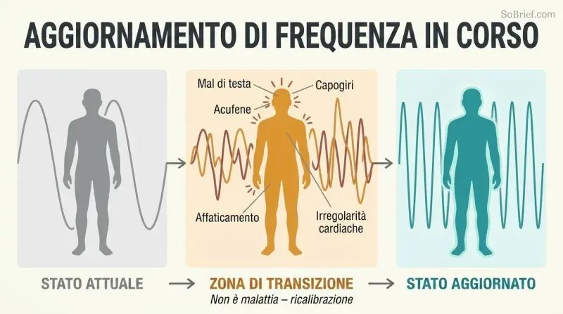 Three-phase transformation showing a human silhouette progressing from low-frequency waves through a symptom transition zone to a high-frequency upgraded state.