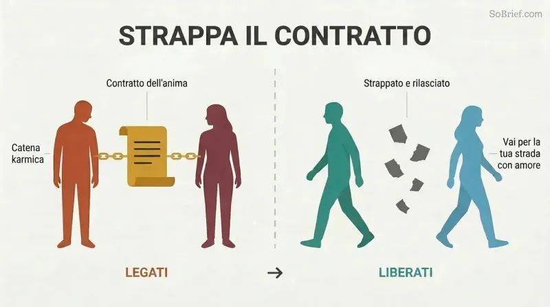 Split panel showing two silhouette figures bound together by a soul contract on the left, and walking freely apart amid torn contract fragments on the right.