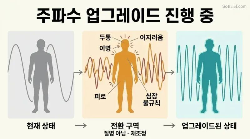 Three-phase transformation showing a human silhouette progressing from low-frequency waves through a symptom transition zone to a high-frequency upgraded state.