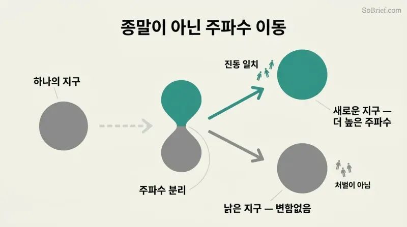 A single sphere divides like a cell into two separated spheres — one rising in teal, one remaining in gray — with small human silhouettes migrating to each level.