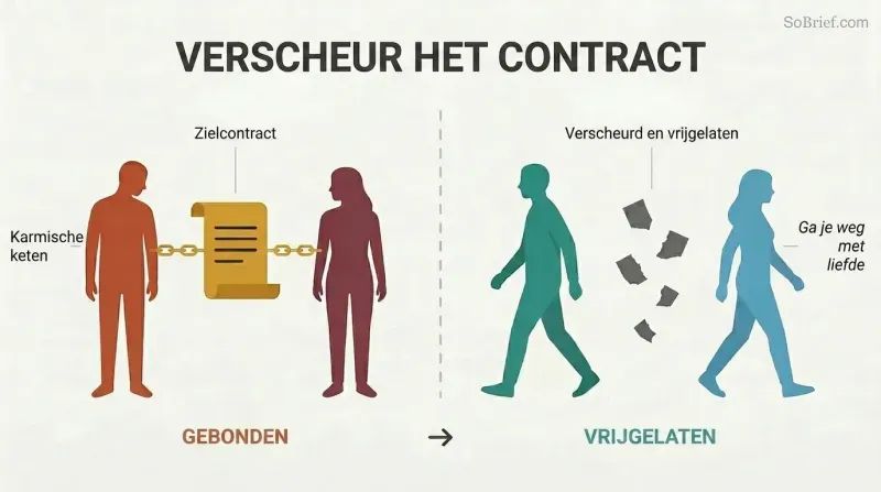 Split panel showing two silhouette figures bound together by a soul contract on the left, and walking freely apart amid torn contract fragments on the right.