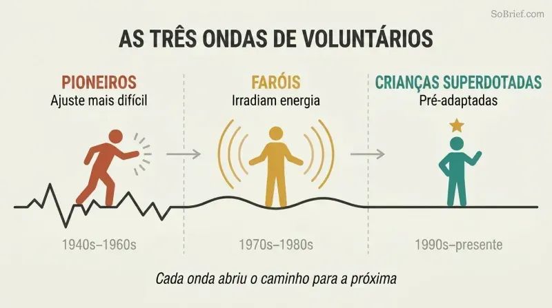 Timeline showing three generational waves of volunteers traversing a path that progresses from rough terrain on the left to smooth ground on the right, each wave clearing the way for the next.