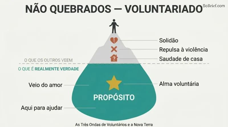 Iceberg diagram showing alienation symptoms visible above a waterline while volunteer soul identity and cosmic purpose are revealed in the larger portion below.