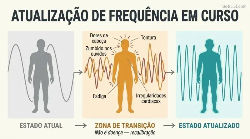 Three-phase transformation showing a human silhouette progressing from low-frequency waves through a symptom transition zone to a high-frequency upgraded state.