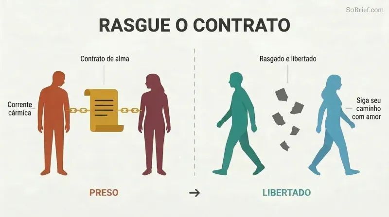 Split panel showing two silhouette figures bound together by a soul contract on the left, and walking freely apart amid torn contract fragments on the right.