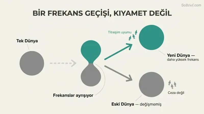 A single sphere divides like a cell into two separated spheres — one rising in teal, one remaining in gray — with small human silhouettes migrating to each level.