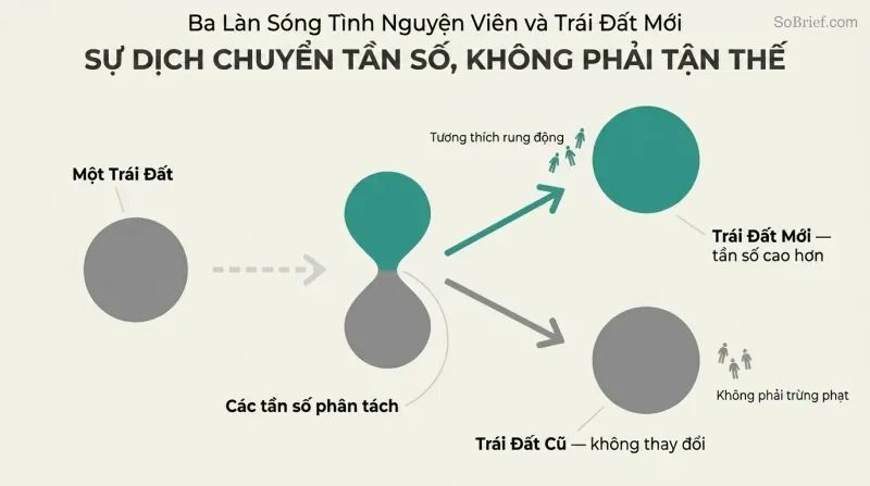 A single sphere divides like a cell into two separated spheres — one rising in teal, one remaining in gray — with small human silhouettes migrating to each level.