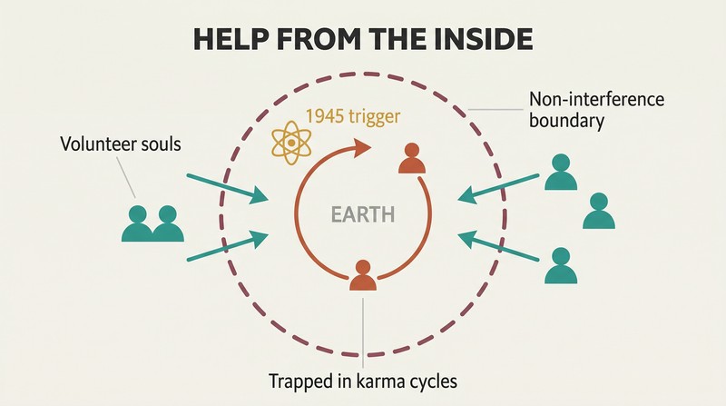 Nested boundary diagram showing trapped souls cycling inside a circle while volunteer souls from outside cross the boundary inward to help from within.