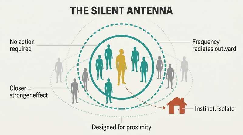 Central glowing figure radiates concentric teal rings outward, transforming gray silhouettes nearby into teal, while the figure leans slightly away from the crowd.