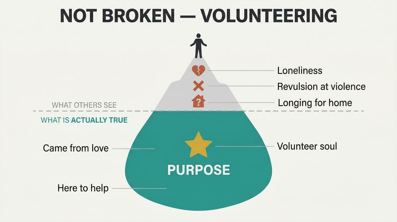 Iceberg diagram showing alienation symptoms visible above a waterline while volunteer soul identity and cosmic purpose are revealed in the larger portion below.