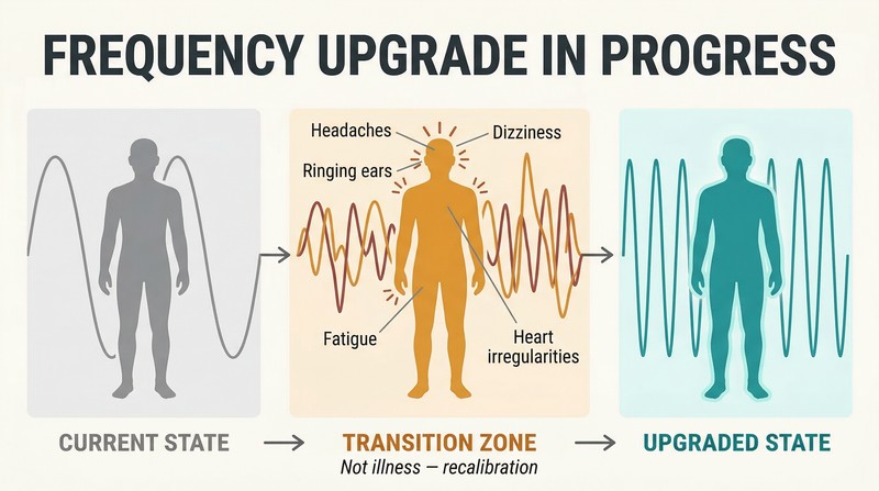 Three-phase transformation showing a human silhouette progressing from low-frequency waves through a symptom transition zone to a high-frequency upgraded state.