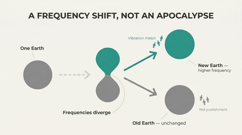 A single sphere divides like a cell into two separated spheres — one rising in teal, one remaining in gray — with small human silhouettes migrating to each level.