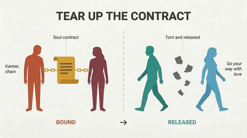 Split panel showing two silhouette figures bound together by a soul contract on the left, and walking freely apart amid torn contract fragments on the right.