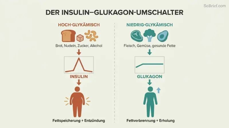 Split panel comparing high-glycemic foods triggering insulin and fat storage on the left versus low-glycemic foods activating glucagon and fat burning on the right, each shown as a three-tier downward cascade.