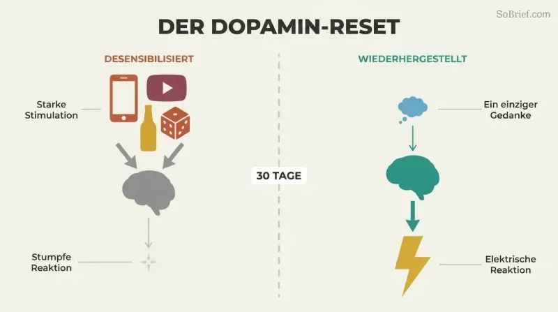 Split panel comparing desensitized and restored states, where heavy stimulation produces weak response on the left, but a single thought produces an electric response on the right after a thirty-day fast.