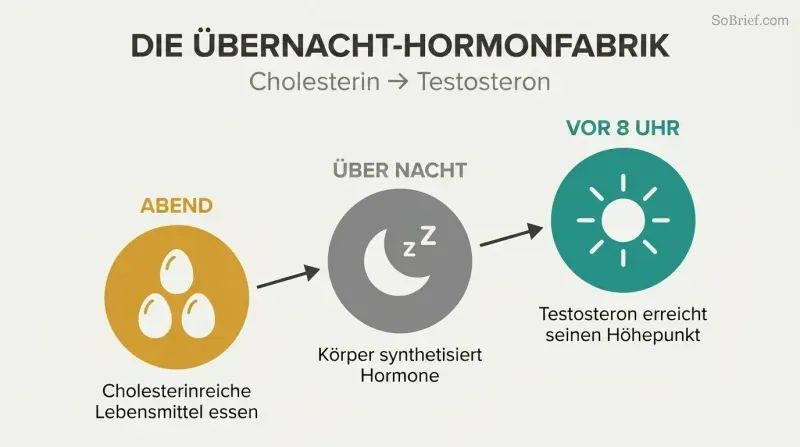 Three ascending circles trace the path from evening cholesterol intake through overnight synthesis to a pre-dawn testosterone peak.