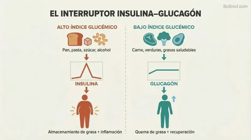Split panel comparing high-glycemic foods triggering insulin and fat storage on the left versus low-glycemic foods activating glucagon and fat burning on the right, each shown as a three-tier downward cascade.
