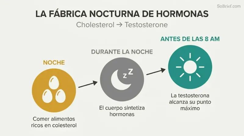 Three ascending circles trace the path from evening cholesterol intake through overnight synthesis to a pre-dawn testosterone peak.