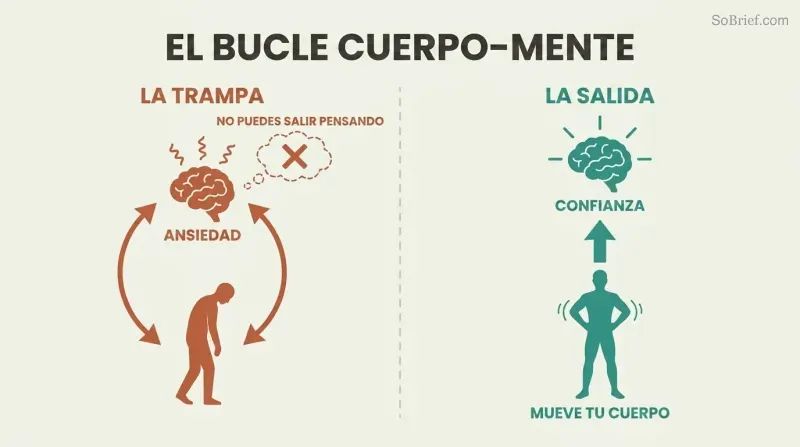Split panel contrasting a trapped anxiety-posture feedback loop with a body-first physical action that breaks upward to confidence.
