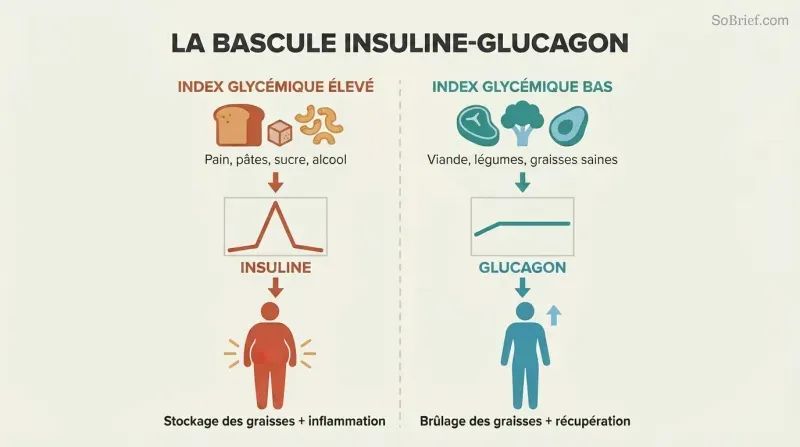 Split panel comparing high-glycemic foods triggering insulin and fat storage on the left versus low-glycemic foods activating glucagon and fat burning on the right, each shown as a three-tier downward cascade.