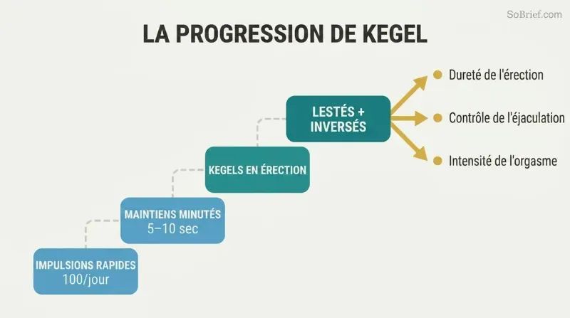 Four ascending exercise blocks from beginner rapid pulses to advanced weighted kegels, fanning into three performance benefits at the top right.