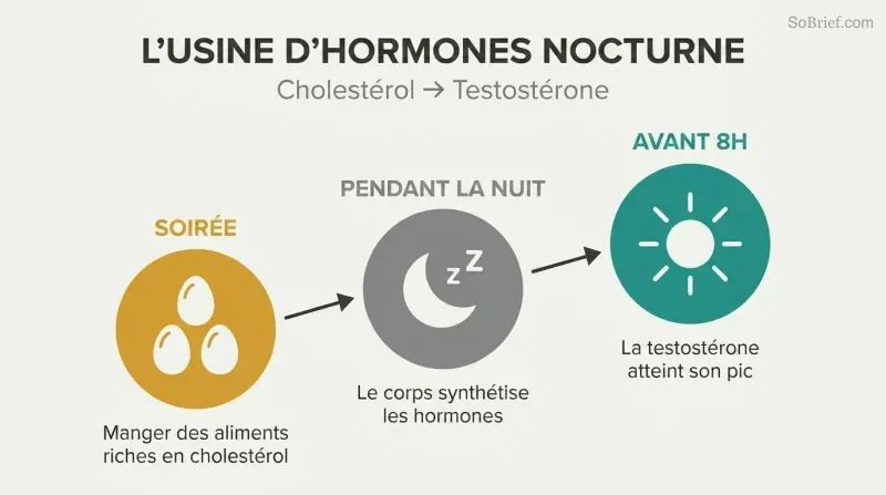 Three ascending circles trace the path from evening cholesterol intake through overnight synthesis to a pre-dawn testosterone peak.