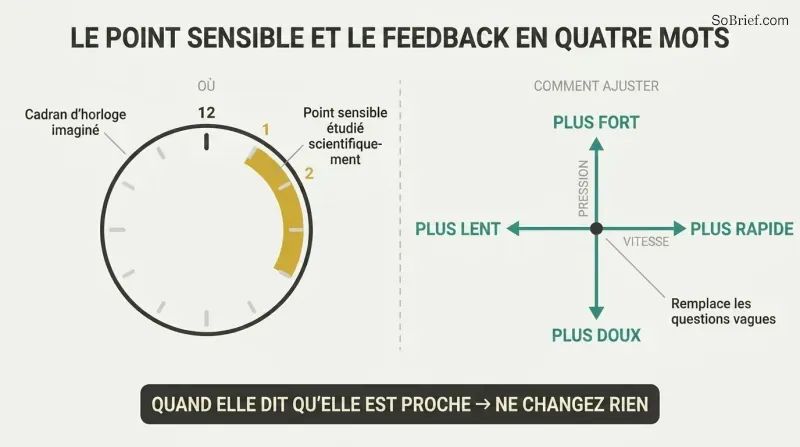 Clock face highlighting the 1-2 o'clock position paired with a two-axis compass of four feedback words: harder, softer, faster, slower.