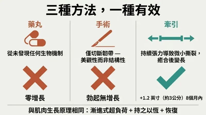 Three-column comparison showing pills and surgery as ineffective approaches marked with X symbols, versus mechanical traction marked with a checkmark and its tissue-growth mechanism.