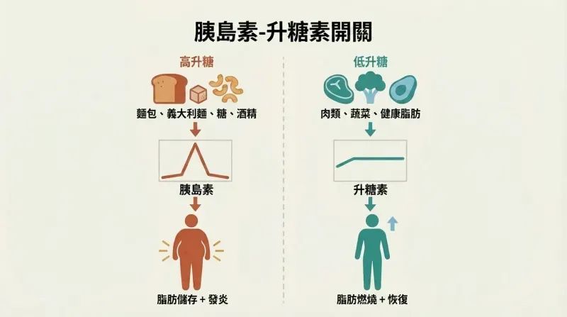 Split panel comparing high-glycemic foods triggering insulin and fat storage on the left versus low-glycemic foods activating glucagon and fat burning on the right, each shown as a three-tier downward cascade.