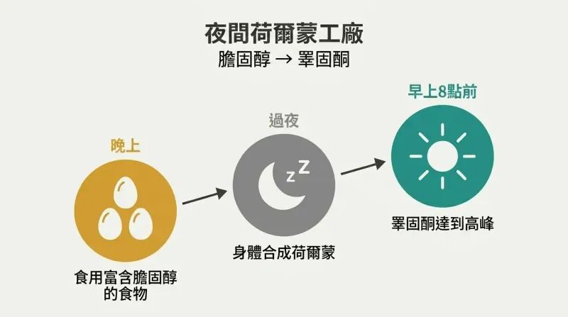 Three ascending circles trace the path from evening cholesterol intake through overnight synthesis to a pre-dawn testosterone peak.