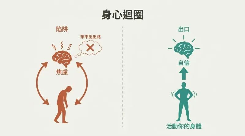 Split panel contrasting a trapped anxiety-posture feedback loop with a body-first physical action that breaks upward to confidence.