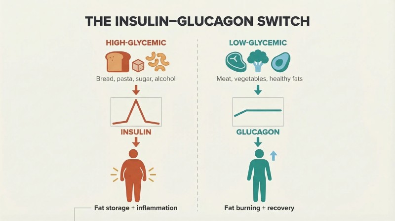 Split panel comparing high-glycemic foods triggering insulin and fat storage on the left versus low-glycemic foods activating glucagon and fat burning on the right, each shown as a three-tier downward cascade.