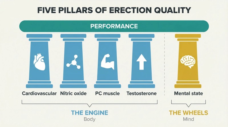 Five architectural pillars supporting a single beam, with four body pillars grouped as "the engine" and one mind pillar highlighted as "the wheels."