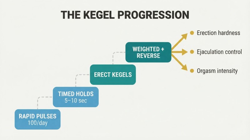 Four ascending exercise blocks from beginner rapid pulses to advanced weighted kegels, fanning into three performance benefits at the top right.