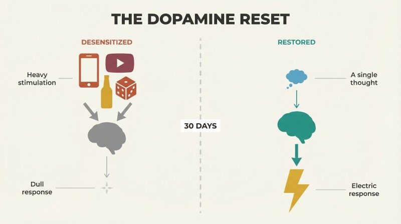 Split panel comparing desensitized and restored states, where heavy stimulation produces weak response on the left, but a single thought produces an electric response on the right after a thirty-day fast.