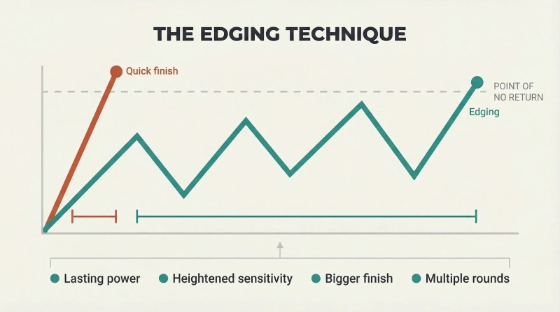 Two arousal curves on a shared timeline contrasting a quick terracotta spike that crosses the threshold immediately with a teal sawtooth edging wave that approaches the threshold three times before a controlled crossing, with four benefits listed below.