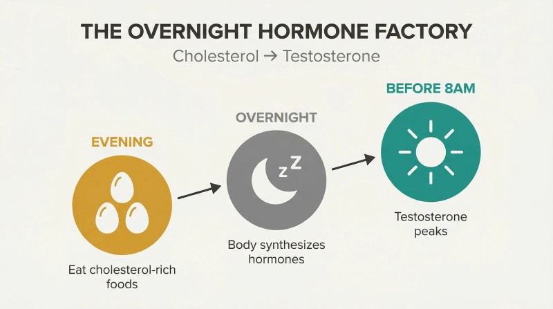 Three ascending circles trace the path from evening cholesterol intake through overnight synthesis to a pre-dawn testosterone peak.
