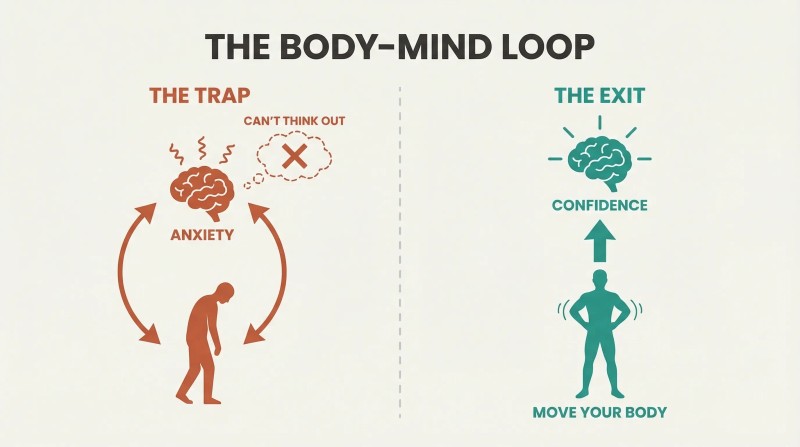 Split panel contrasting a trapped anxiety-posture feedback loop with a body-first physical action that breaks upward to confidence.