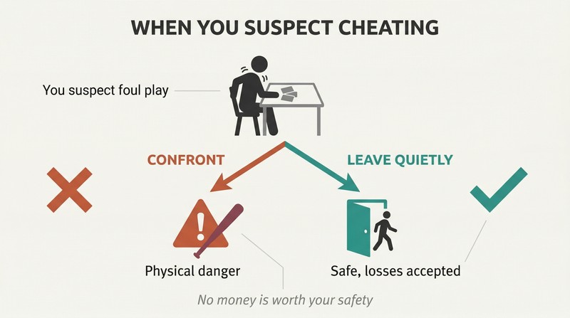 Fork diagram showing two responses to suspected cheating: confronting leads to danger while leaving silently leads to safety.