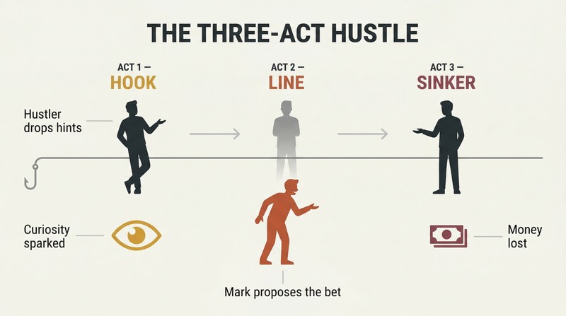 Three-stage timeline showing a hustle's progression from Hook through Line to Sinker, with the hustler's actions above and the mark's escalating reactions below a connecting fishing line.