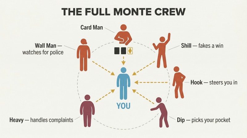 Hub-and-spoke diagram showing a single mark at center surrounded by six coordinated team members each playing a distinct role in a street hustle.