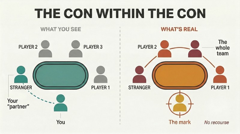 Split panel comparing perceived alliances at a card table versus reality, revealing every other player is secretly united against you.