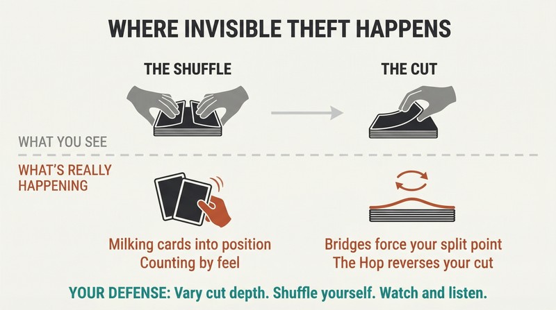 Two-stage diagram split by a visibility line showing normal-looking shuffle and cut above, with hidden card manipulation techniques revealed below.