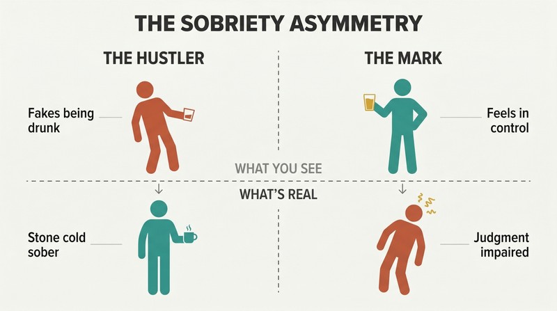 Split panel showing a hustler who appears drunk but is secretly sober beside a mark who appears confident but is secretly impaired, divided by a reality line.